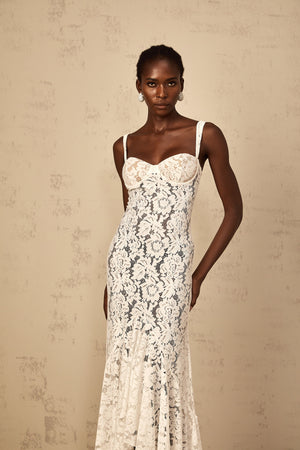 Aurohaya Abbie White Floral Lace Bustier Maxi Dress