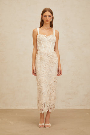 Aurohaya Irène Neutrals Corded Lace Corset Midi Dress
