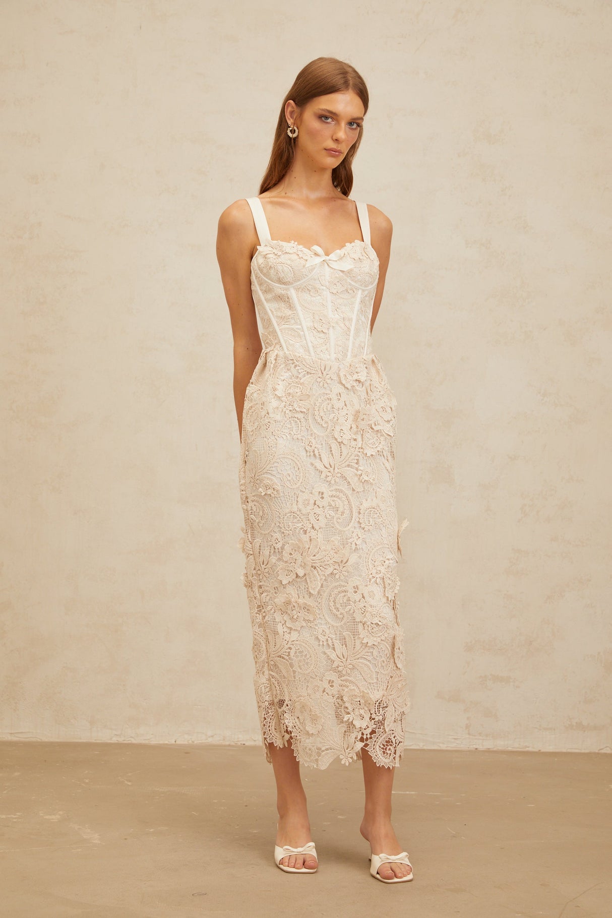 Aurohaya Irène Neutrals Corded Lace Corset Midi Dress