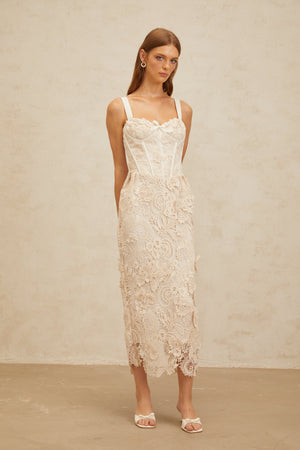 Aurohaya Irène Neutrals Corded Lace Corset Midi Dress
