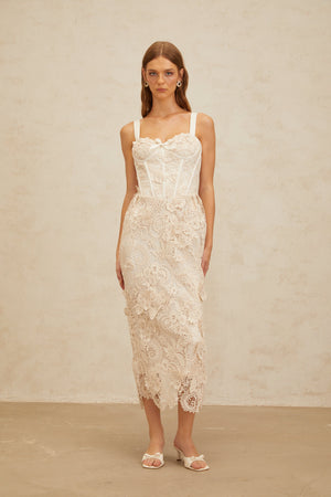 Aurohaya Irène Neutrals Corded Lace Corset Midi Dress