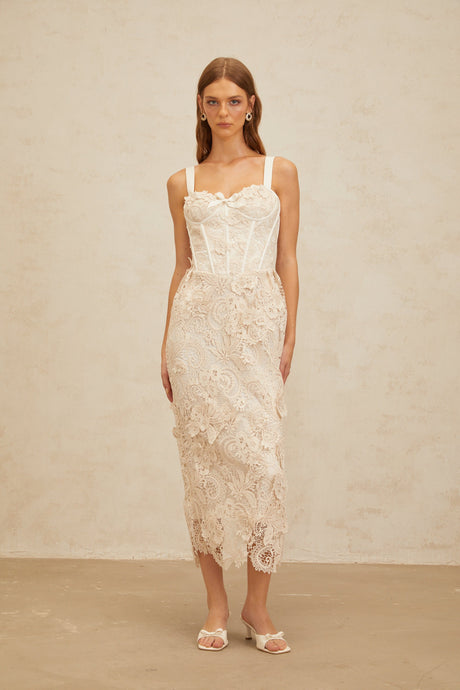 Aurohaya Irène Neutrals Corded Lace Corset Midi Dress
