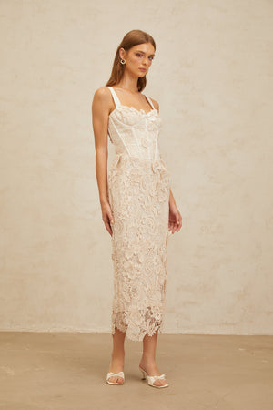Aurohaya Irène Neutrals Corded Lace Corset Midi Dress