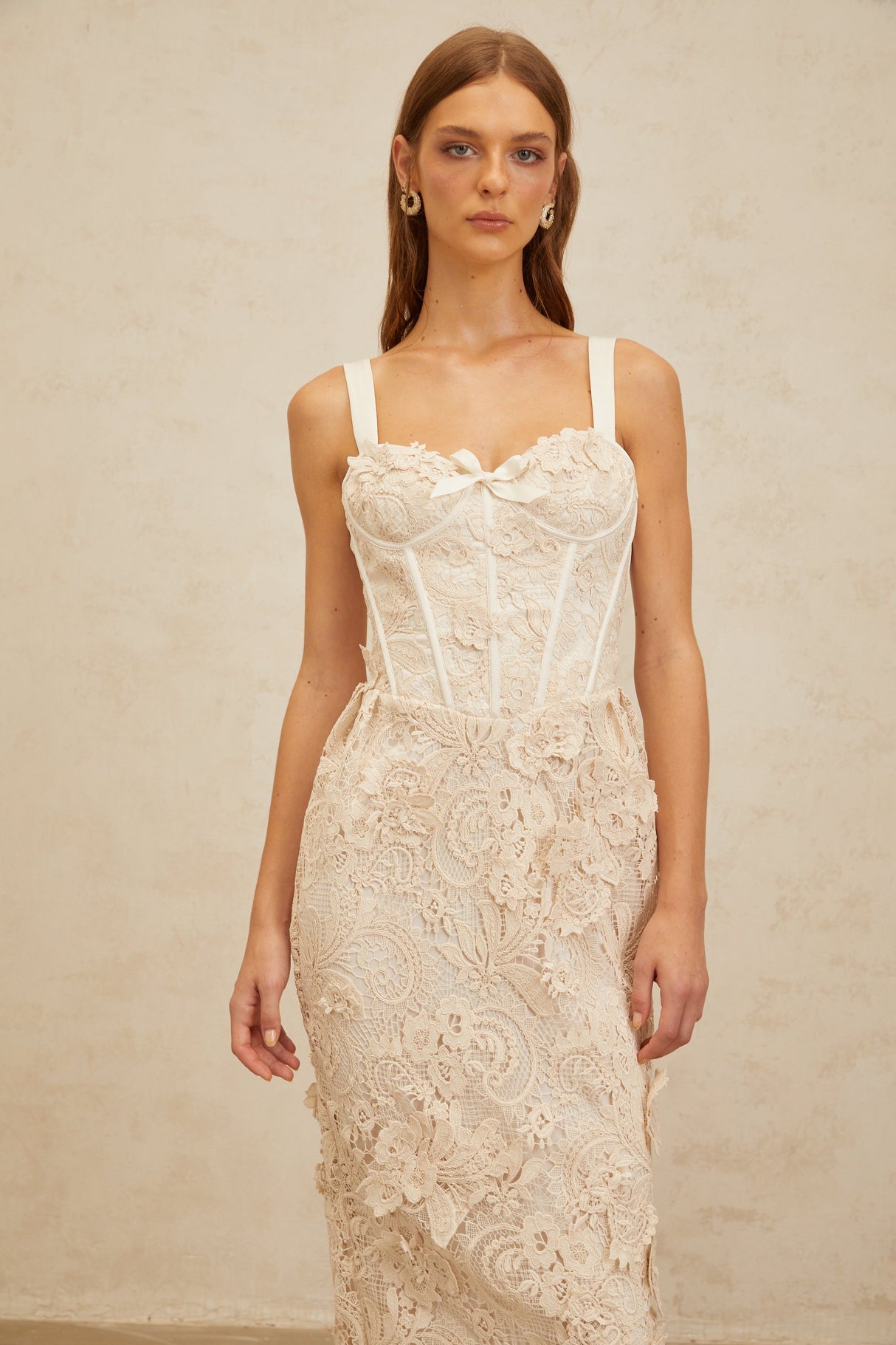 Aurohaya Irène Neutrals Corded Lace Corset Midi Dress