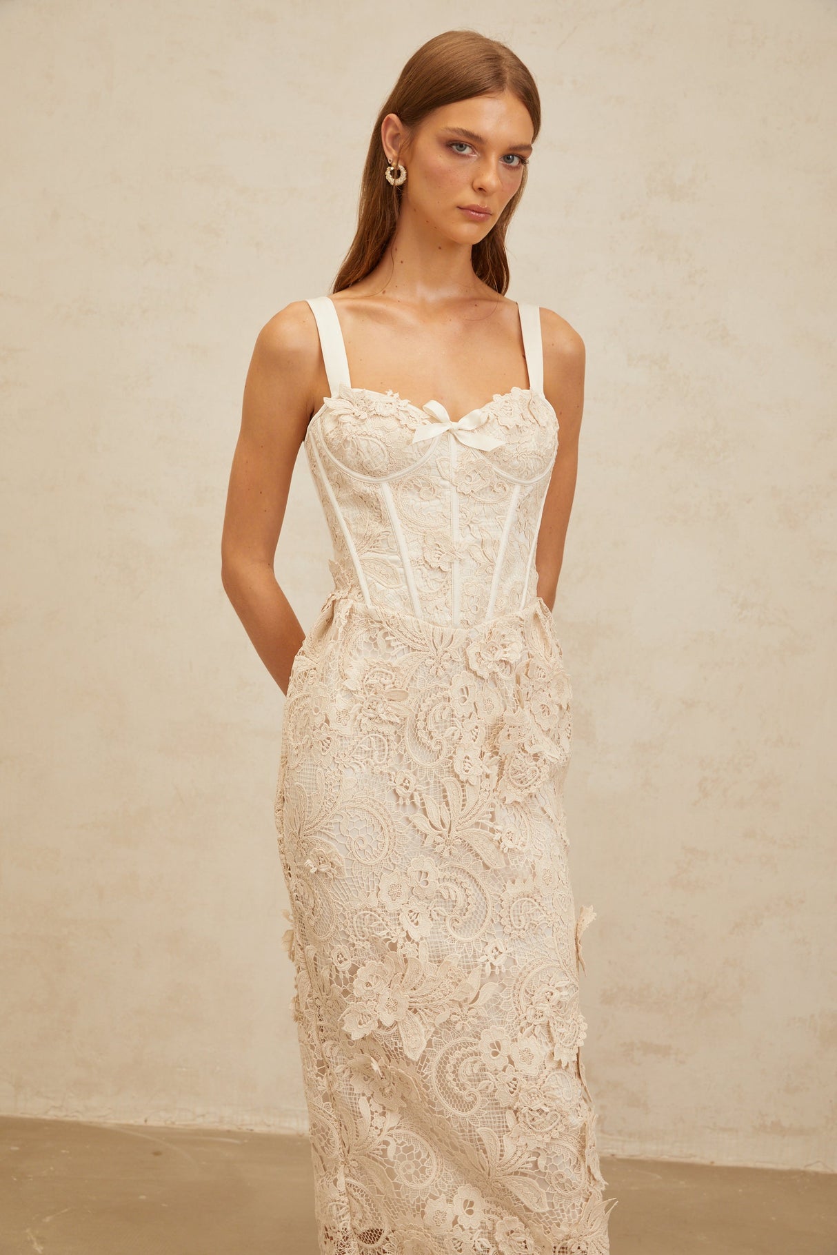 Aurohaya Irène Neutrals Corded Lace Corset Midi Dress