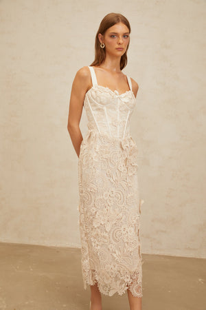 Aurohaya Irène Neutrals Corded Lace Corset Midi Dress
