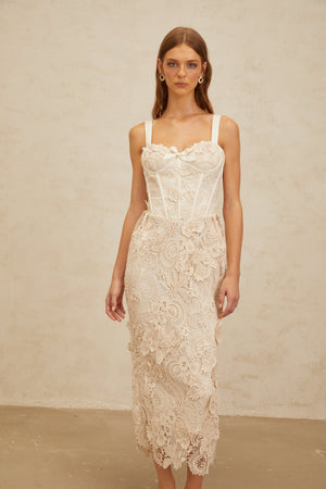 Aurohaya Irène Neutrals Corded Lace Corset Midi Dress