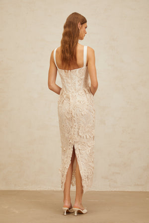 Aurohaya Irène Neutrals Corded Lace Corset Midi Dress