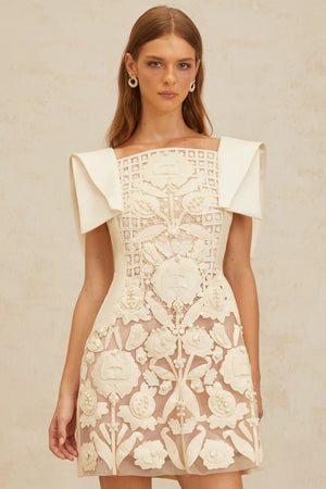 Aurohaya Léa White Floral Appliqué Crochet Mini Dress