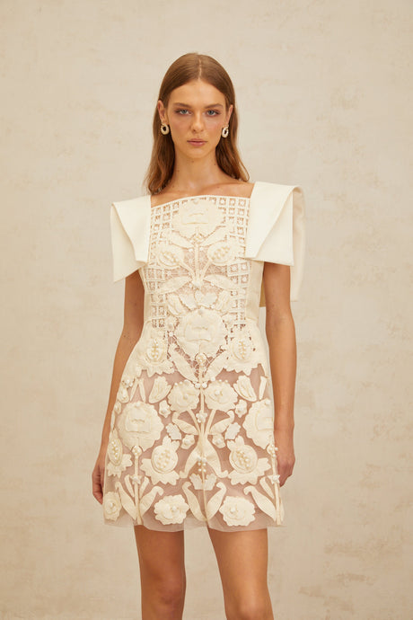 Aurohaya Léa White Floral Appliqué Crochet Mini Dress