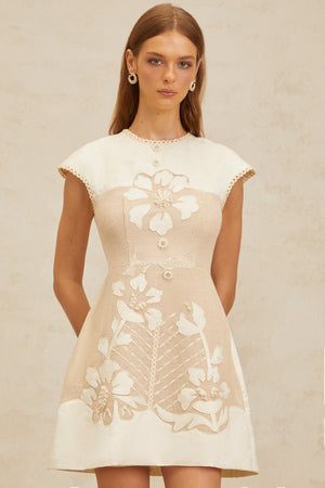 Aurohaya Manon Neutral Floral Embroidered Crochet Mini Dress