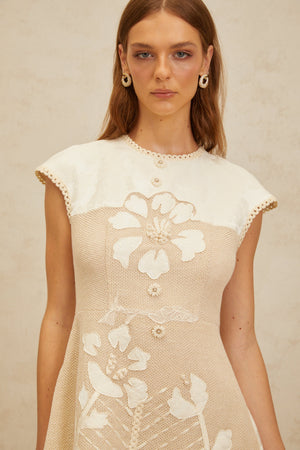 Aurohaya Manon Neutral Floral Embroidered Crochet Mini Dress