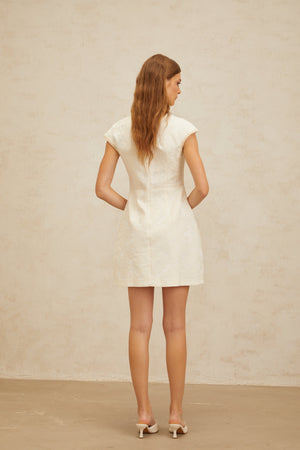 Aurohaya Manon Neutral Floral Embroidered Crochet Mini Dress