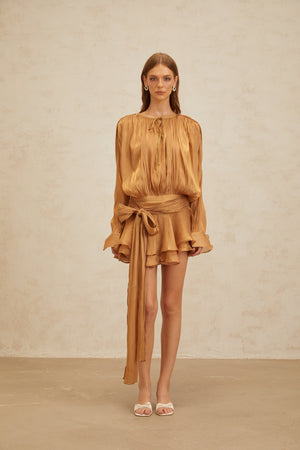 Aurohaya Eugénie Gold Fully Pleated Ruffled Mini Dress