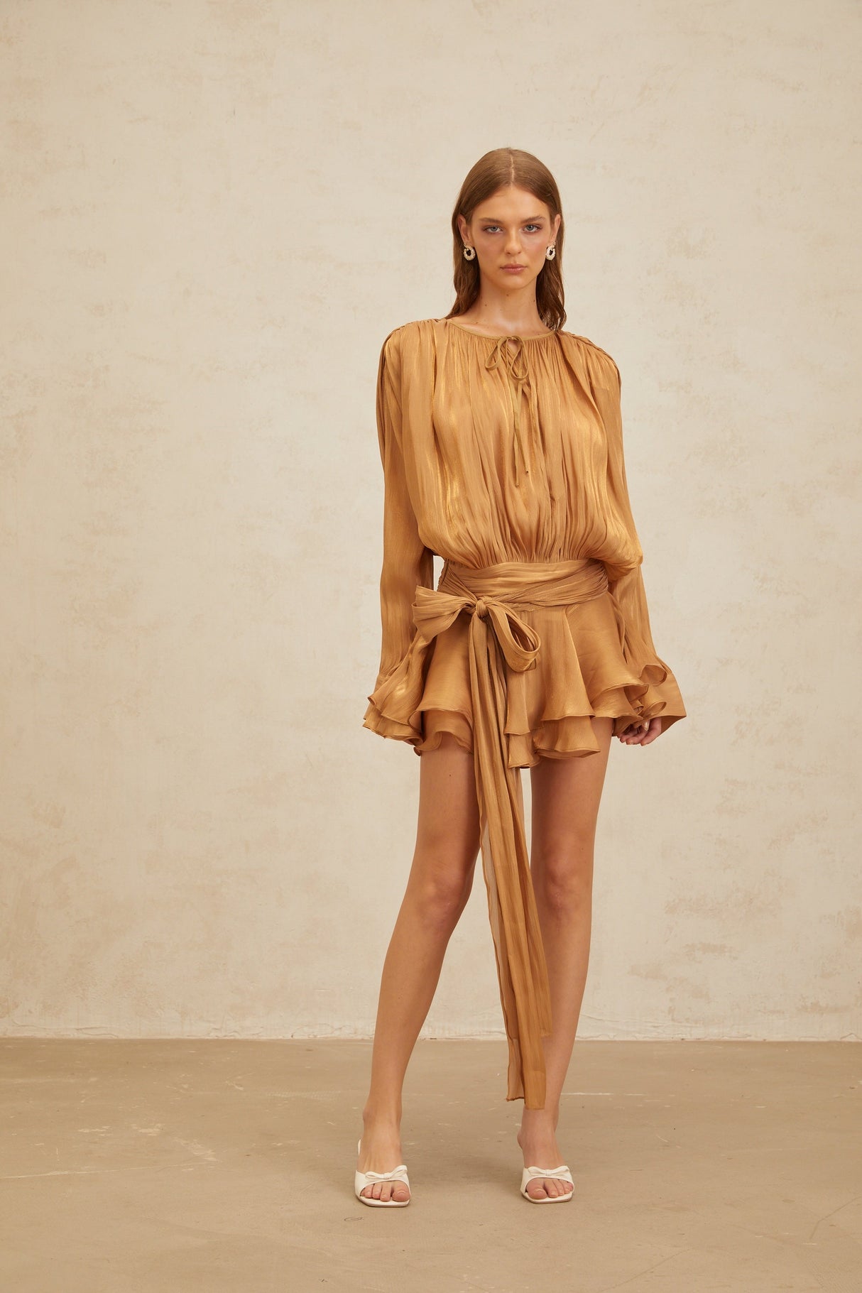 Aurohaya Eugénie Gold Fully Pleated Ruffled Mini Dress