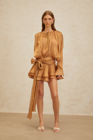 Aurohaya Eugénie Gold Fully Pleated Ruffled Mini Dress