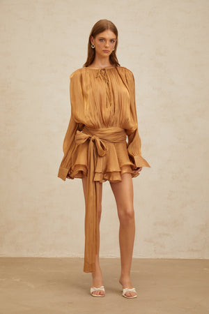 Aurohaya Eugénie Gold Fully Pleated Ruffled Mini Dress
