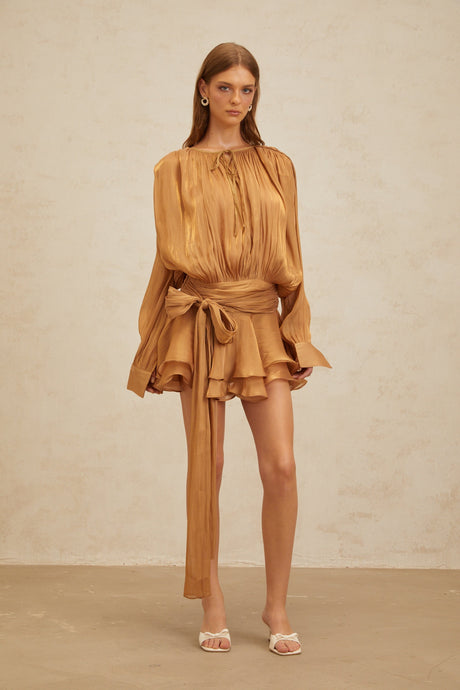 Aurohaya Eugénie Gold Fully Pleated Ruffled Mini Dress