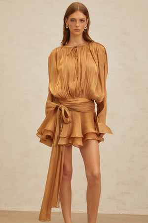Aurohaya Eugénie Gold Fully Pleated Ruffled Mini Dress