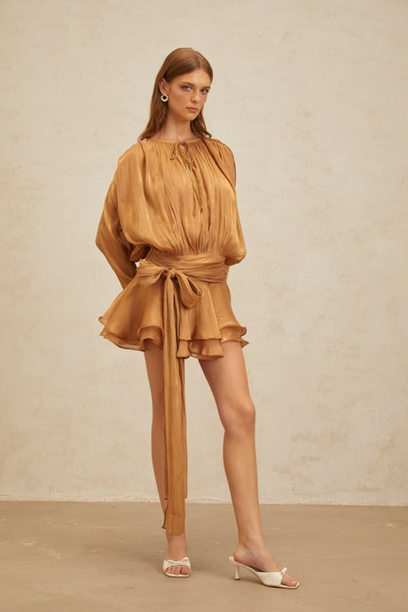Aurohaya Eugénie Gold Fully Pleated Ruffled Mini Dress