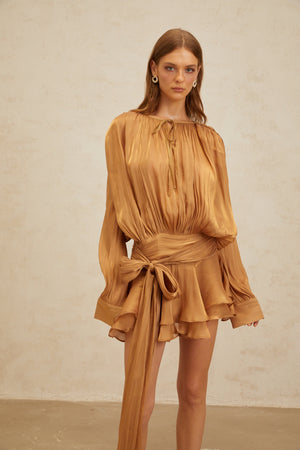 Aurohaya Eugénie Gold Fully Pleated Ruffled Mini Dress