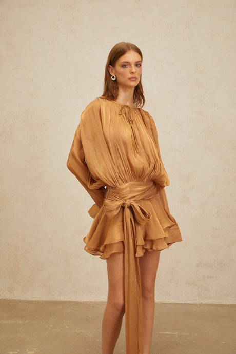 Aurohaya Eugénie Gold Fully Pleated Ruffled Mini Dress