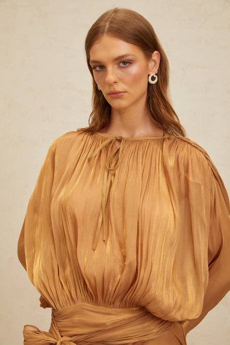 Aurohaya Eugénie Gold Fully Pleated Ruffled Mini Dress