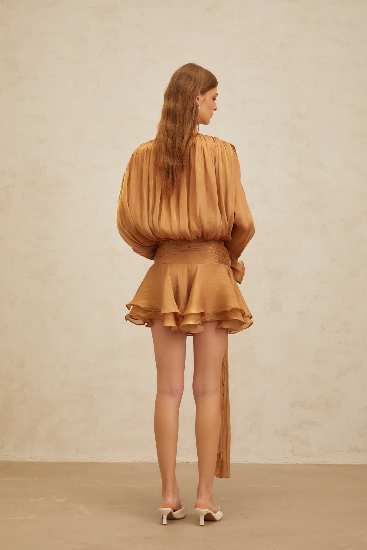 Aurohaya Eugénie Gold Fully Pleated Ruffled Mini Dress