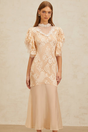 Aurohaya Annabelle Embellished Floral Lace Panelled Midi Dress in Neutrals
