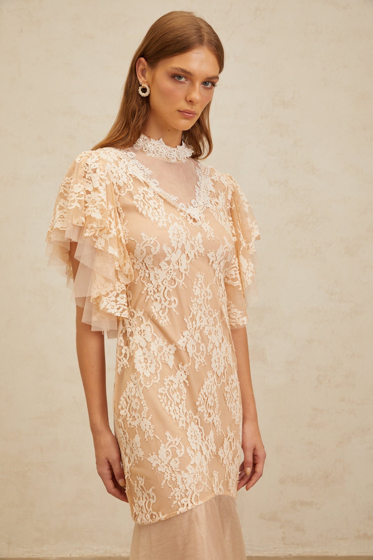 Aurohaya Annabelle Embellished Floral Lace Panelled Midi Dress in Neutrals