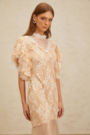 Aurohaya Annabelle Embellished Floral Lace Panelled Midi Dress in Neutrals