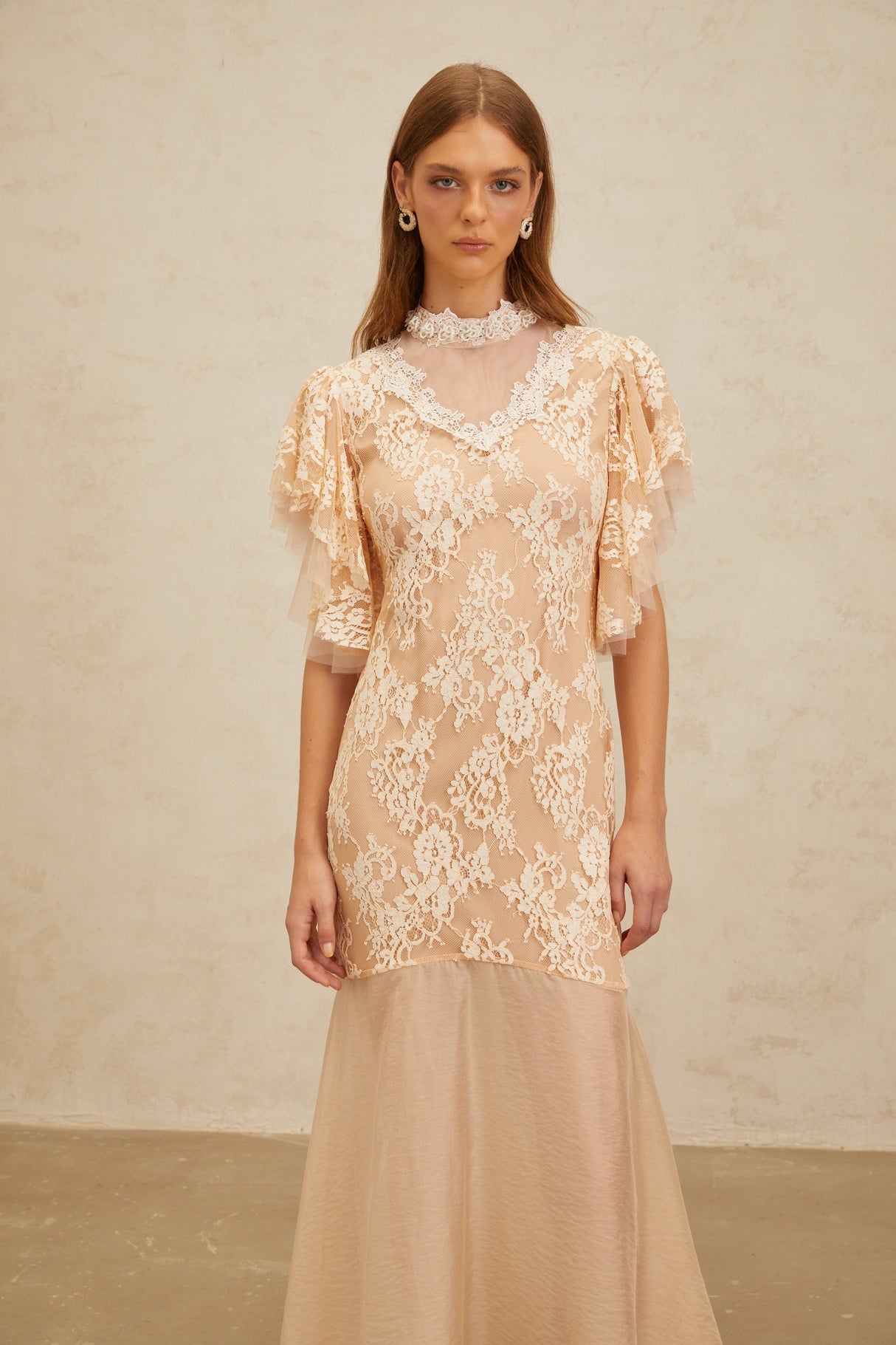 Aurohaya Annabelle Embellished Floral Lace Panelled Midi Dress in Neutrals