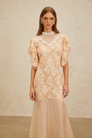 Aurohaya Annabelle Embellished Floral Lace Panelled Midi Dress in Neutrals