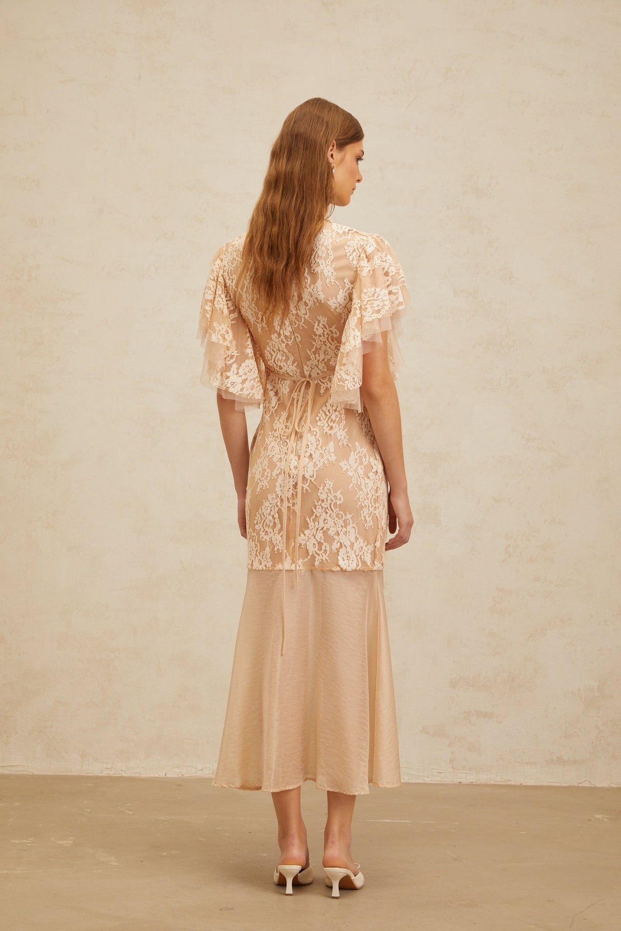 Aurohaya Annabelle Embellished Floral Lace Panelled Midi Dress in Neutrals