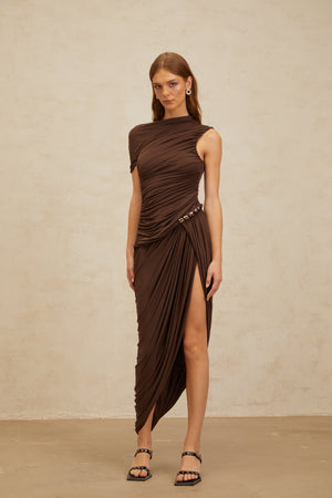 Aurohaya Prune Brown Night Out Asymmetrical Ruched Midi Dress