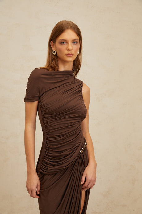 Aurohaya Prune Brown Night Out Asymmetrical Ruched Midi Dress