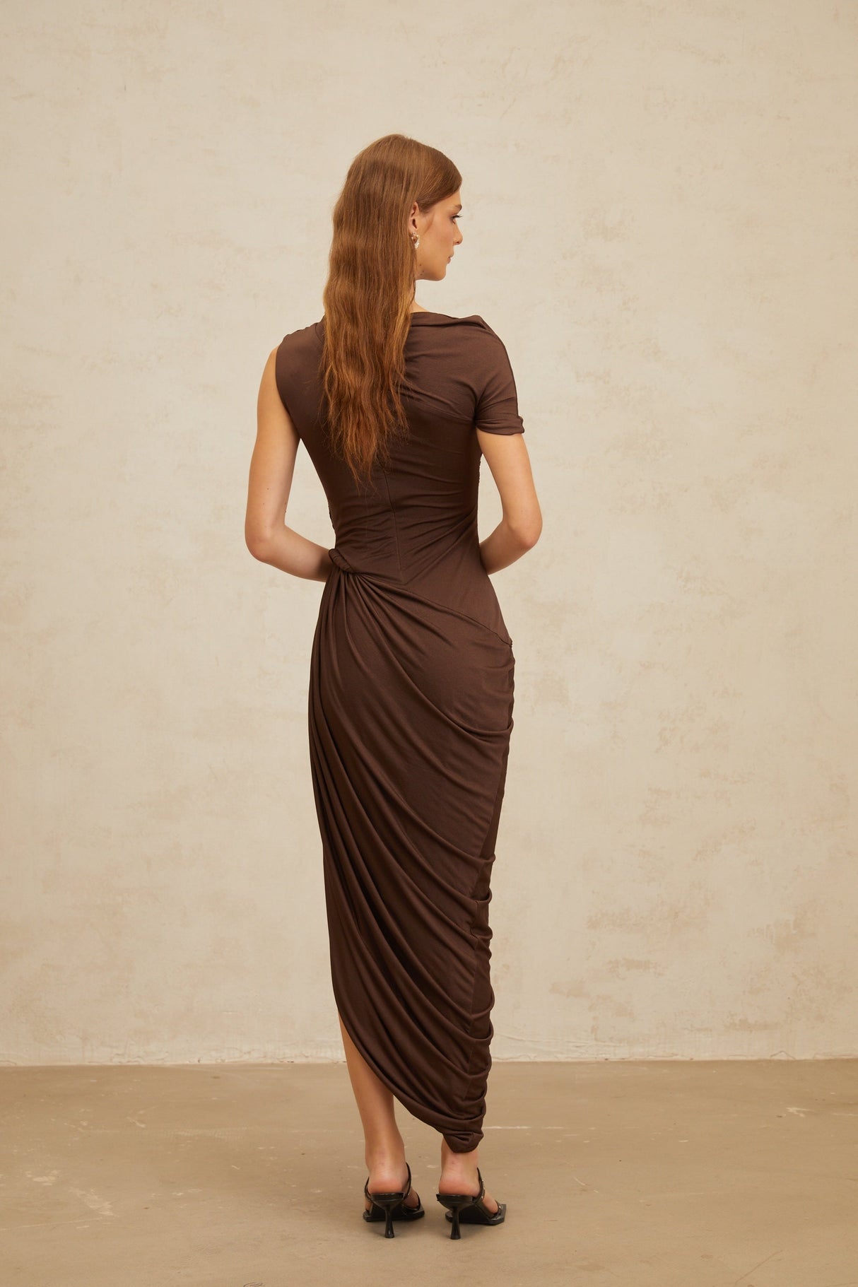 Aurohaya Prune Brown Night Out Asymmetrical Ruched Midi Dress