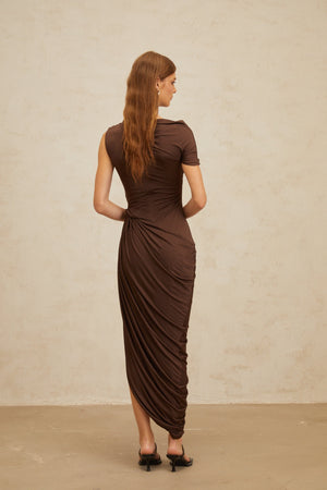 Aurohaya Prune Brown Night Out Asymmetrical Ruched Midi Dress