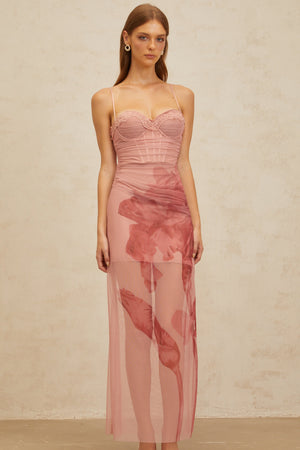 Aurohaya Amandine Pink Floral Print Tulle Maxi Dress