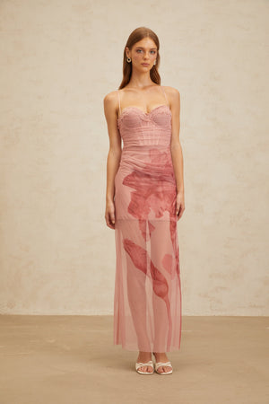 Aurohaya Amandine Pink Floral Print Tulle Maxi Dress