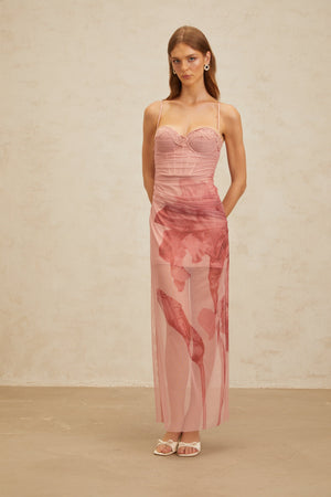 Aurohaya Amandine Pink Floral Print Tulle Maxi Dress