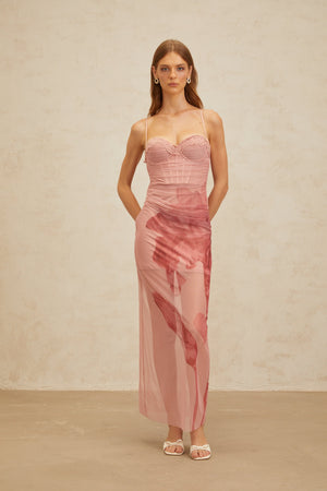 Aurohaya Amandine Pink Floral Print Tulle Maxi Dress