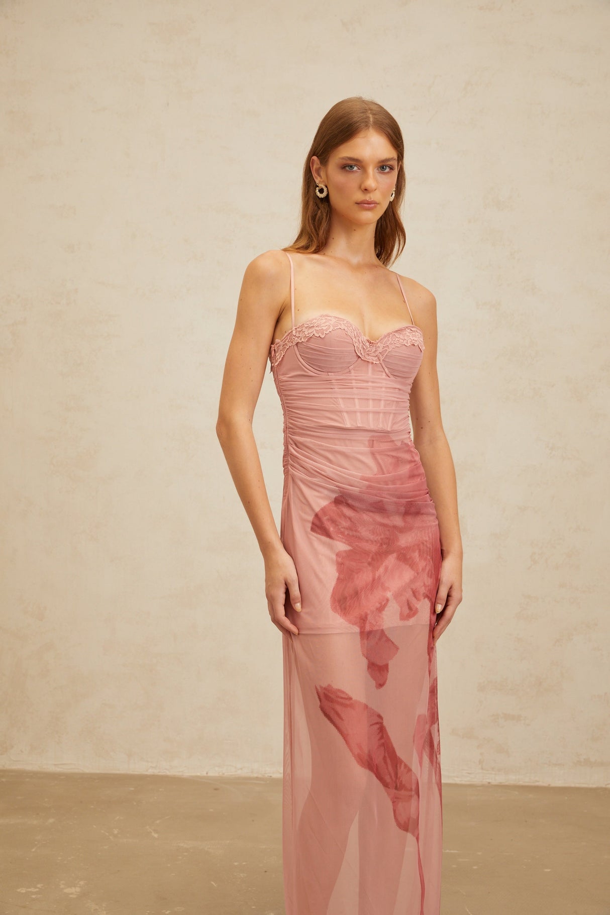 Aurohaya Amandine Pink Floral Print Tulle Maxi Dress