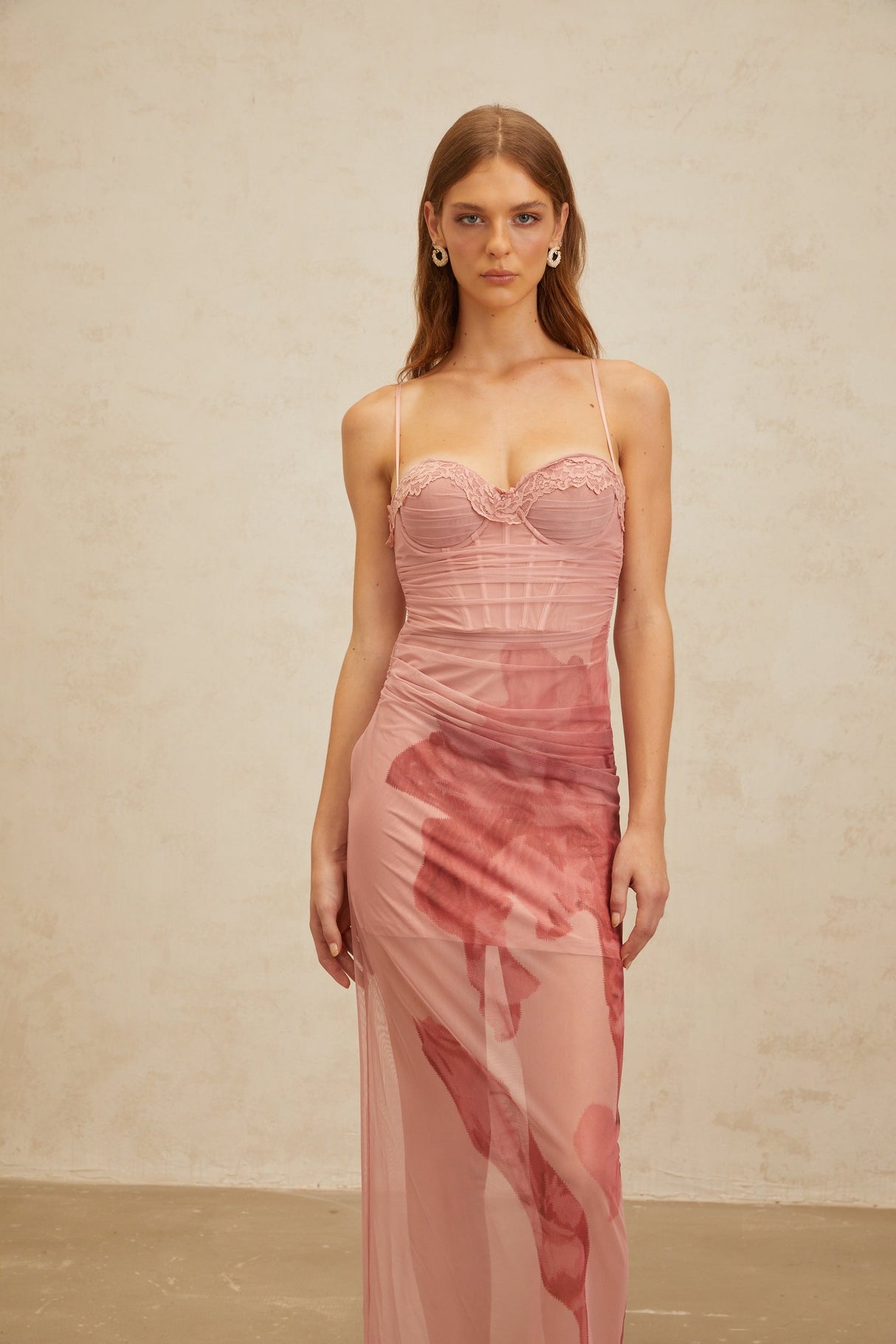Aurohaya Amandine Pink Floral Print Tulle Maxi Dress