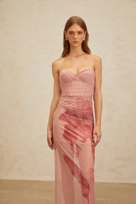 Aurohaya Amandine Pink Floral Print Tulle Maxi Dress