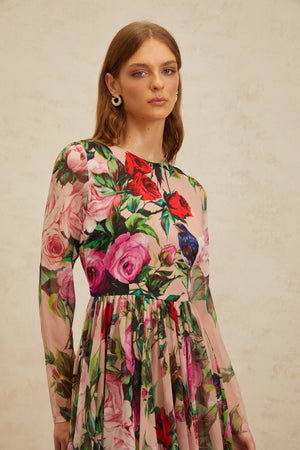 Aurohaya Coralie Pink Rose Print Summer Silk Midi Dress