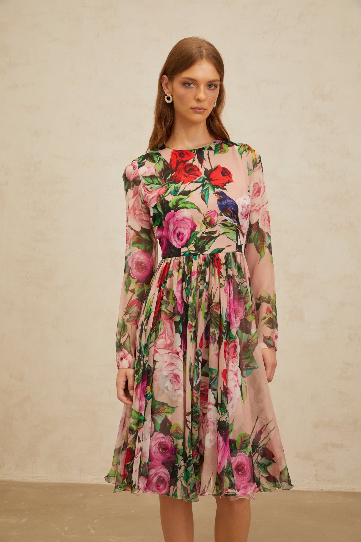Aurohaya Coralie Pink Rose Print Summer Silk Midi Dress