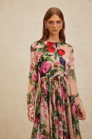 Aurohaya Coralie Pink Rose Print Summer Silk Midi Dress