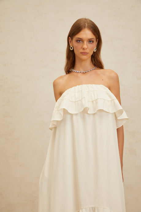 Aurohaya Bénédicte White Vibrant Off Shoulder Shirred Maxi Dress