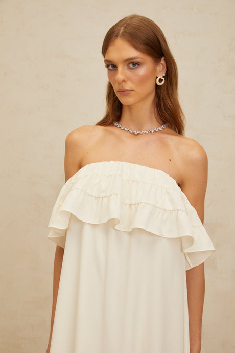 Aurohaya Bénédicte White Vibrant Off Shoulder Shirred Maxi Dress